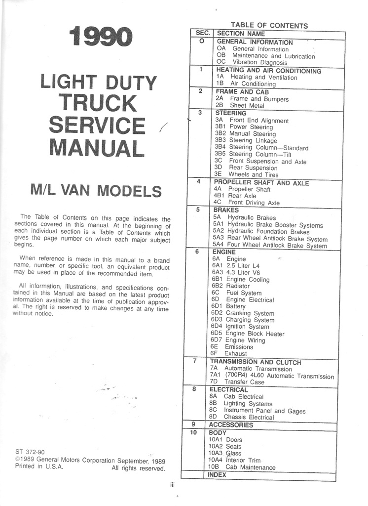 1990 Chevrolet Astro M/L Van Service Shop Manual