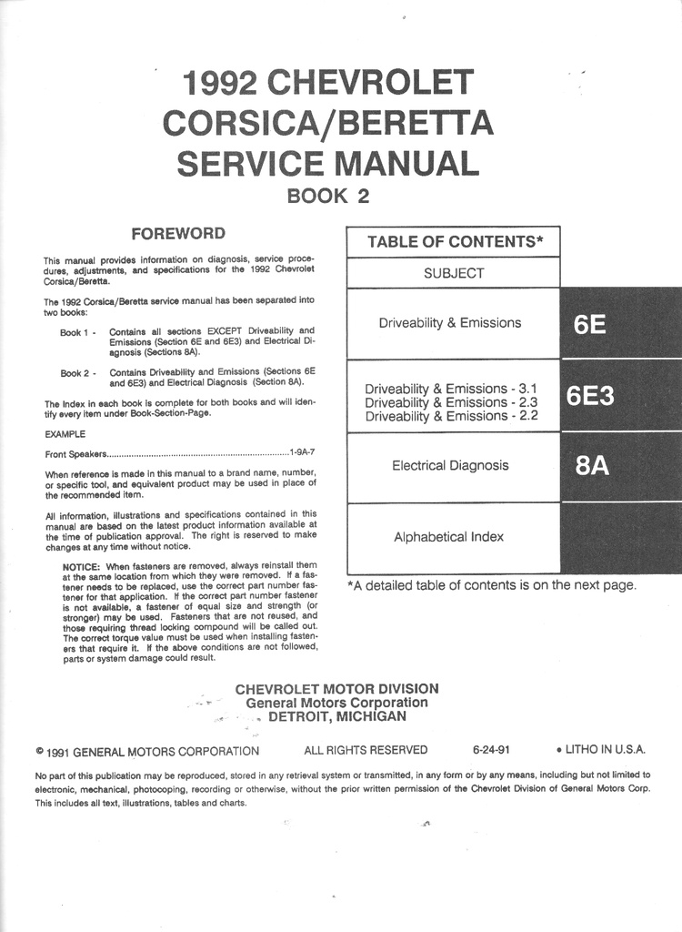 1992 Chevrolet Corsica/Beretta L-Platform Shop Repair Maintenance Service Manual 3 Vol Set GTZ 
