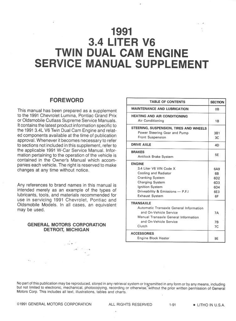 1991 Chevrolet/Pontiac/Oldsmobile Lumina/Grand Prix/Cutlass Supreme W-Platform 3.4L V6 Service Manual Supplement