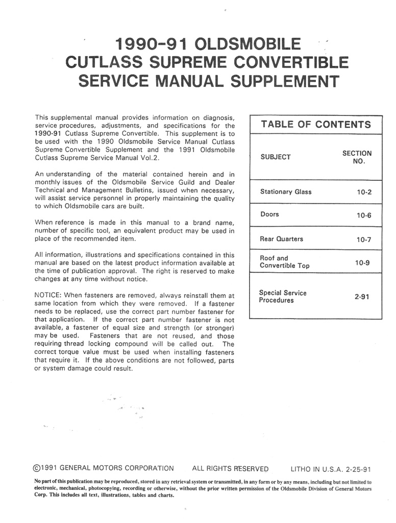 1990 1991 Oldsmobile Cutlass Supreme Convertible Service Manual Supplement