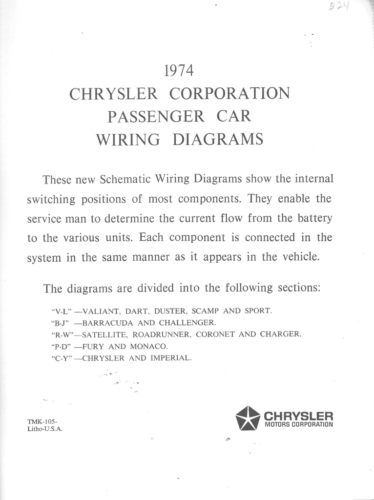 1974 Chrysler/Plymouth/Imperial/Dodge Wiring Diagrams Road Runner/Dart/Duster/New Yorker etc.