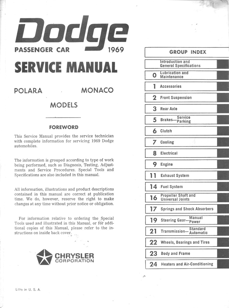 1969 Dodge Polara Monaco Shop Maintenance Repair Service Manual