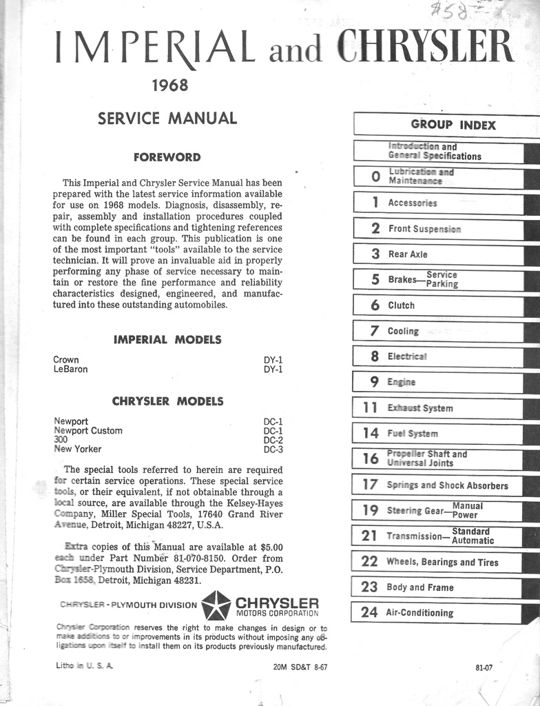 1968 Chrysler Newport New Yorker 300 Imperial Crown LeBaron Shop Repair Maintenance Technical Service Manual