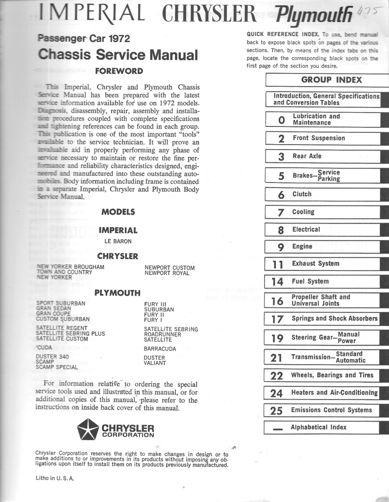 1972 Chrysler/Plymouth/Imperial Shop Repair Maintenance Service Manual Set  ’Cuda/Roadrunner/Duster/New Yorker/Newport/LeBaron/Town & Country/Scamp/Satellite/Fury/Barracuda
