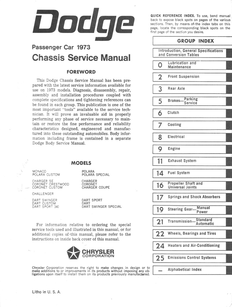 1973 Dodge Shop Repair Service Manual 2 Vol Set Charger Challenger Dart Monaco Polara Coronet