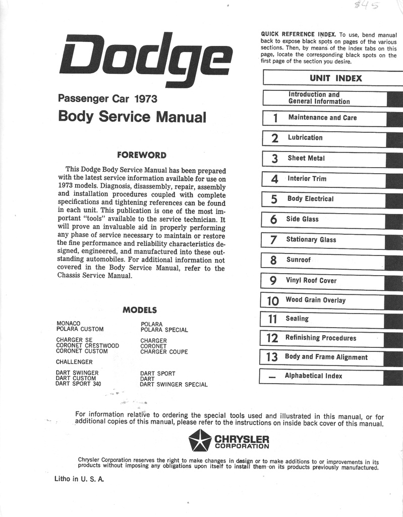 1973 Dodge Shop Repair Service Manual 2 Vol Set Charger Challenger Dart Monaco Polara Coronet