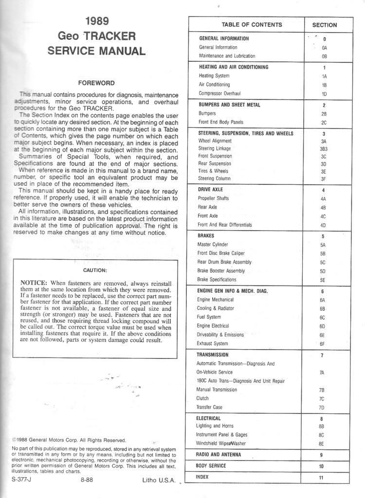 1989 Geo Tracker Shop Maintenance Repair Service Manual