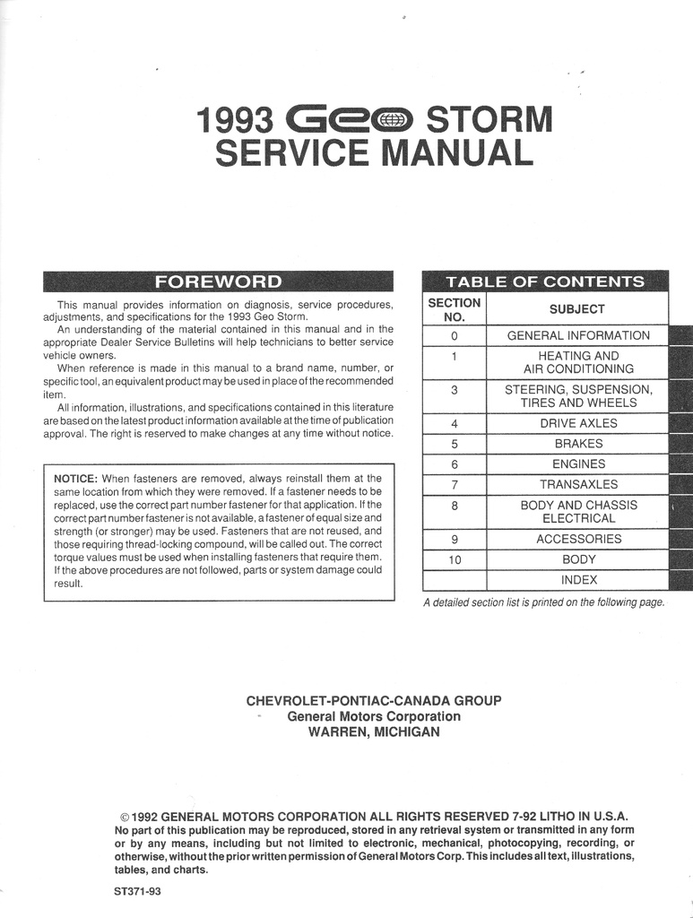 1993 Geo Storm Shop Repair Maintenance Service Manual