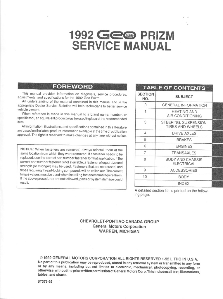 1992 Geo Prizm Shop Repair Maintenance Service Manual