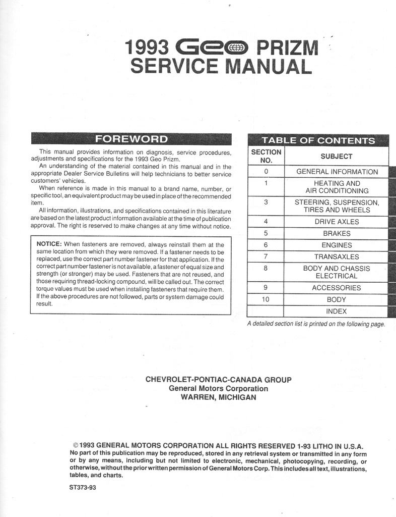 1993 Geo Prizm Shop Repair Maintenance Service Manual