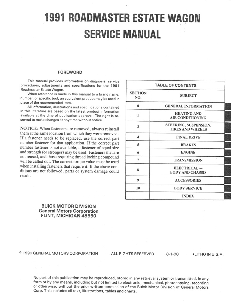 1991 Buick Roadmaster OEM Shop Service Repair Manual