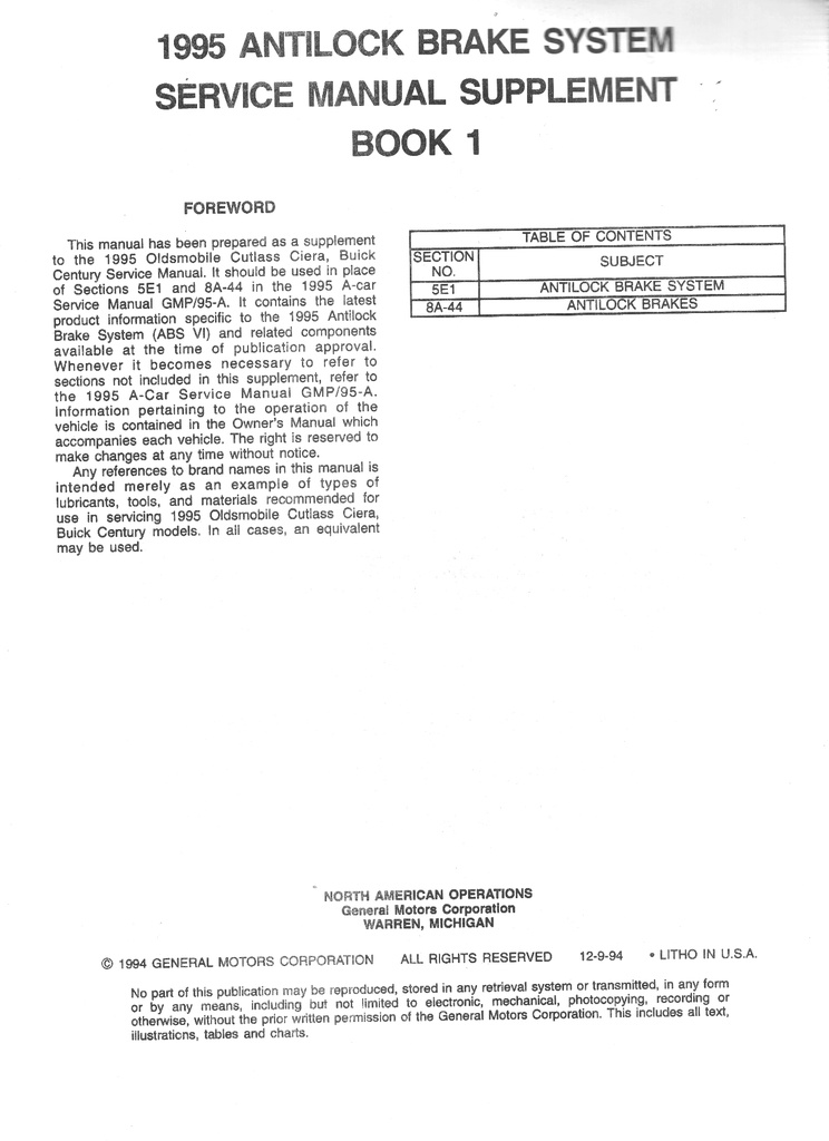 1995 Buick/Oldsmobile Century/Cutlass Ciera & Cruiser OEM Shop Service Repair Manual