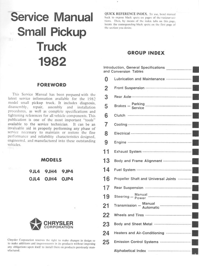 1982 Dodge D-50 and Plymouth Arrow Pickup Truck Shop Maintenance Repair Service Manual