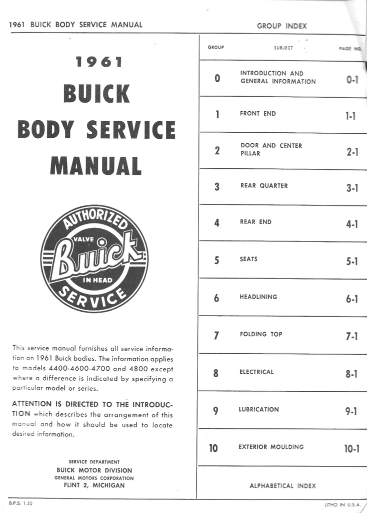 1961 Buick Factory Body Repair Maintenance Shop Service Manual