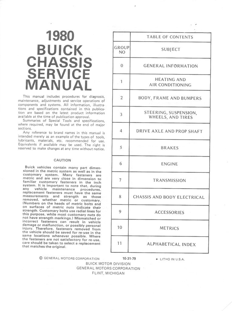 1980 Buick Factory Repair Maintenance Shop Chassis Service Manual All Series