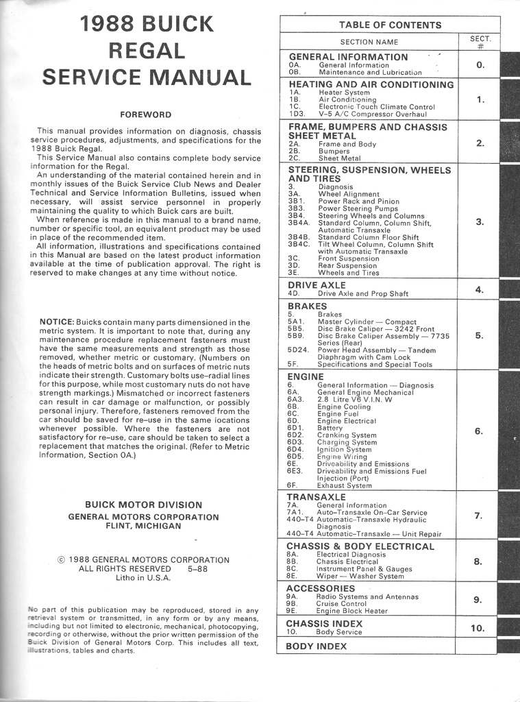 1988 Buick Regal OEM Shop Service Repair Manual