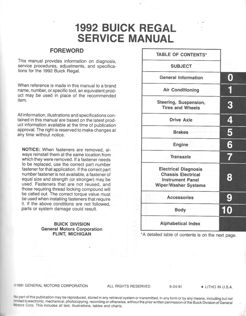 1992 Buick Regal OEM Shop Service Repair Manual