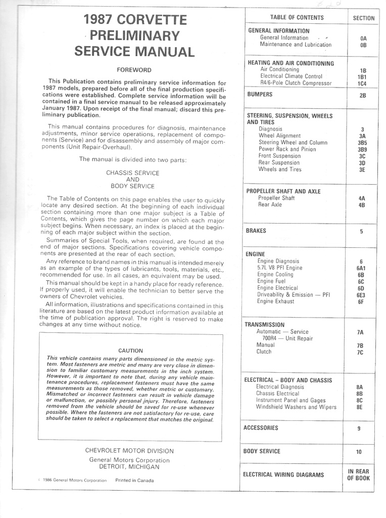 1987 Chevrolet Corvette Preliminary Factory Shop Service Repair Manual