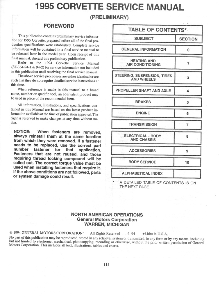 1995 Chevrolet Corvette Preliminary Factory Shop Service Repair Manual