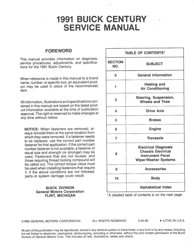 1991 Buick Century OEM Shop Service Repair Manual