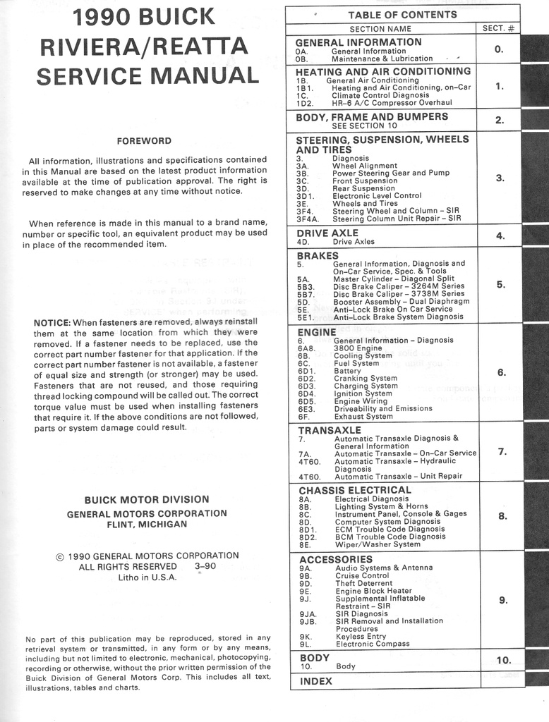 1990 Buick Riviera Reatta OEM Shop Service Repair Manual