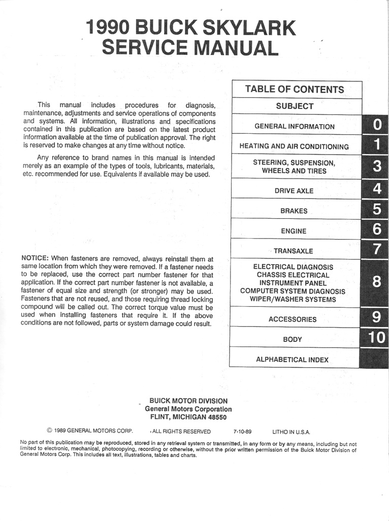 1990 Buick Skylark OEM Shop Service Repair Manual