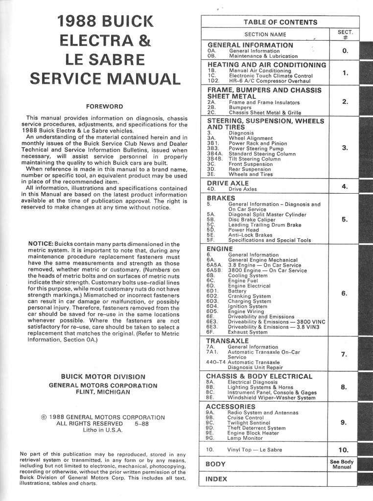 1988 Buick Le Sabre/Electra/Park Avenue OEM Shop Service Repair Manual