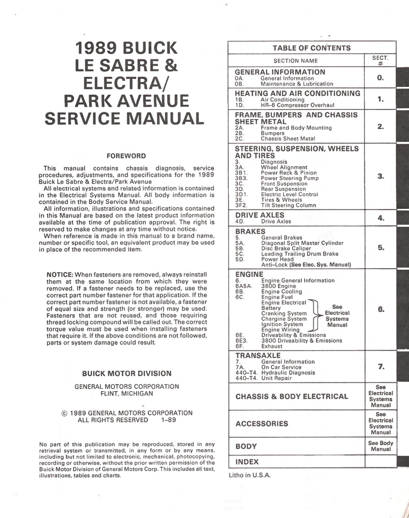 1989 Buick Le Sabre/Electra/Park Avenue OEM Shop Service Repair Manual Set