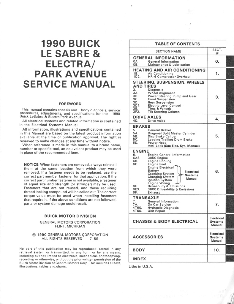 1990 Buick Le Sabre/Electra/Park Avenue OEM Shop Service Repair Manual