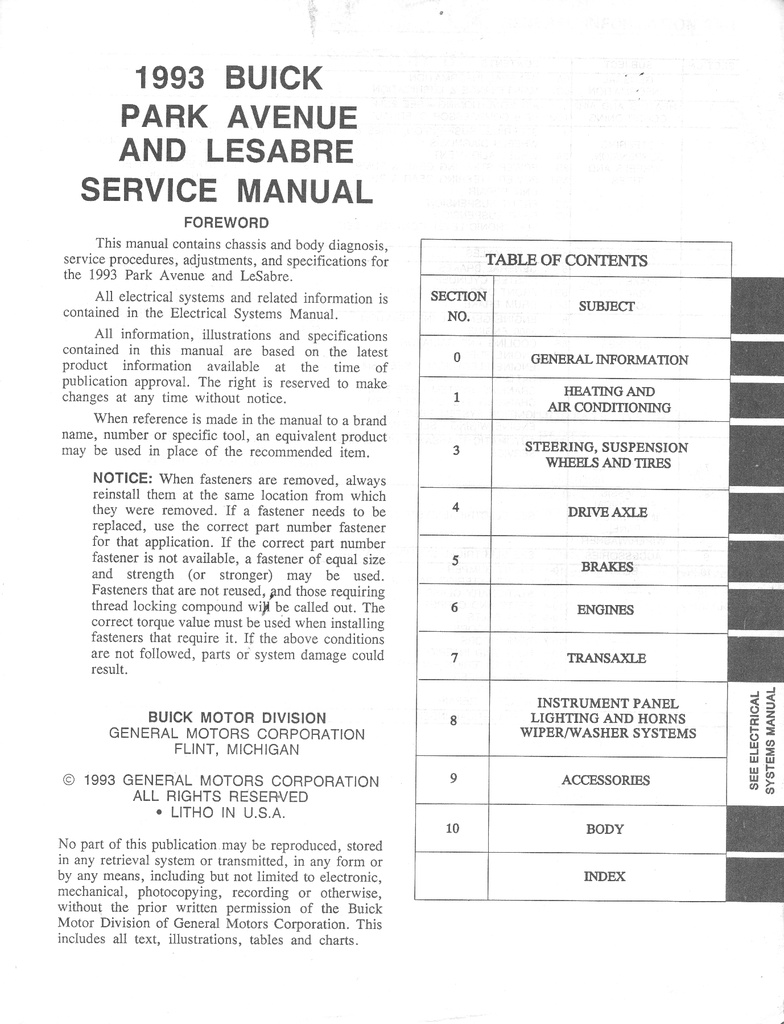 1993 Buick Le Sabre Park Avenue OEM Shop Service Repair Manual