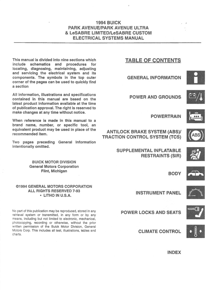 1994 Buick Le Sabre Park Avenue OEM Shop Service Repair Manual