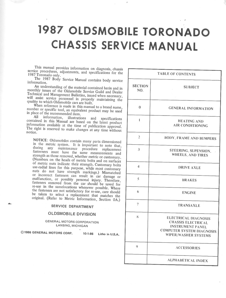 1987 Oldsmobile Toronado OEM Shop Service Repair Chassis Manual