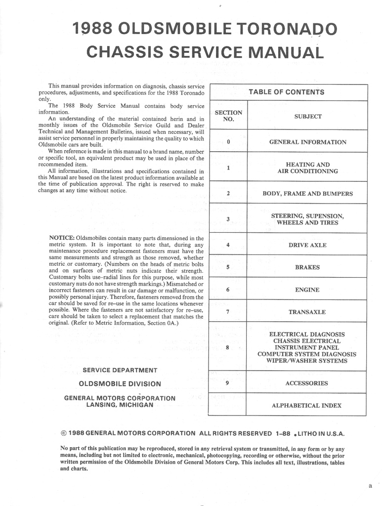 1988 Oldsmobile Toronado OEM Shop Service Repair Chassis Manual
