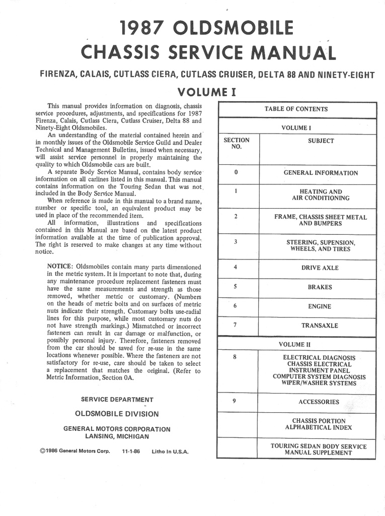 1987 Oldsmobile Firenza Calais Cutlass Ciera Delta 88 Ninety-Eight OEM Shop Service Repair Chassis Manual 2 Vol Set