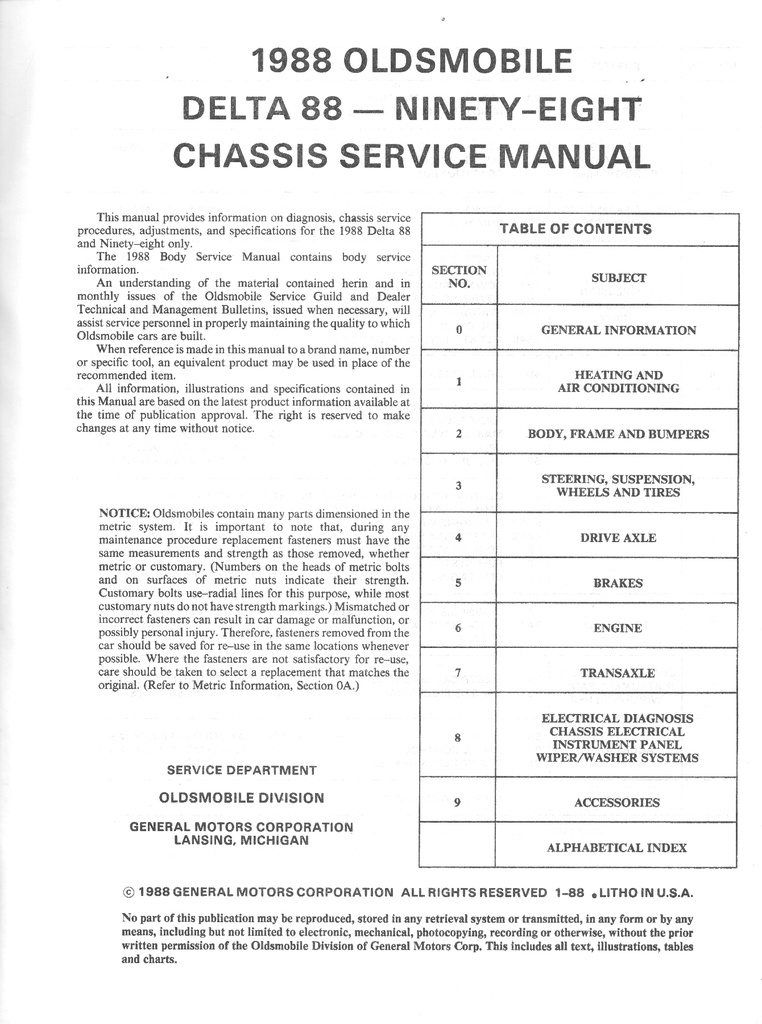 1988 Oldsmobile Delta 88 Ninety-Eight OEM Shop Service Repair Chassis Manual