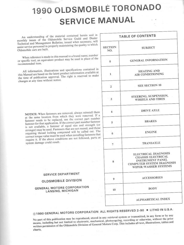 1990 Oldsmobile Toronado Trofeo OEM Shop Service Repair Chassis Manual