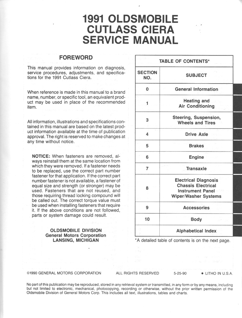 1991 Oldsmobile Cutlass Ciera Cutlass Cruiser OEM Shop Service Repair Chassis Manual