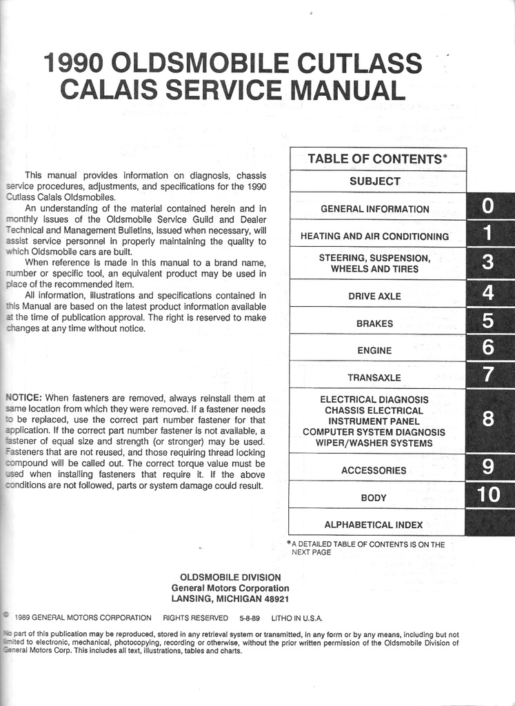 1990 Oldsmobile Cutlass Calais OEM Shop Service Repair Chassis Manual