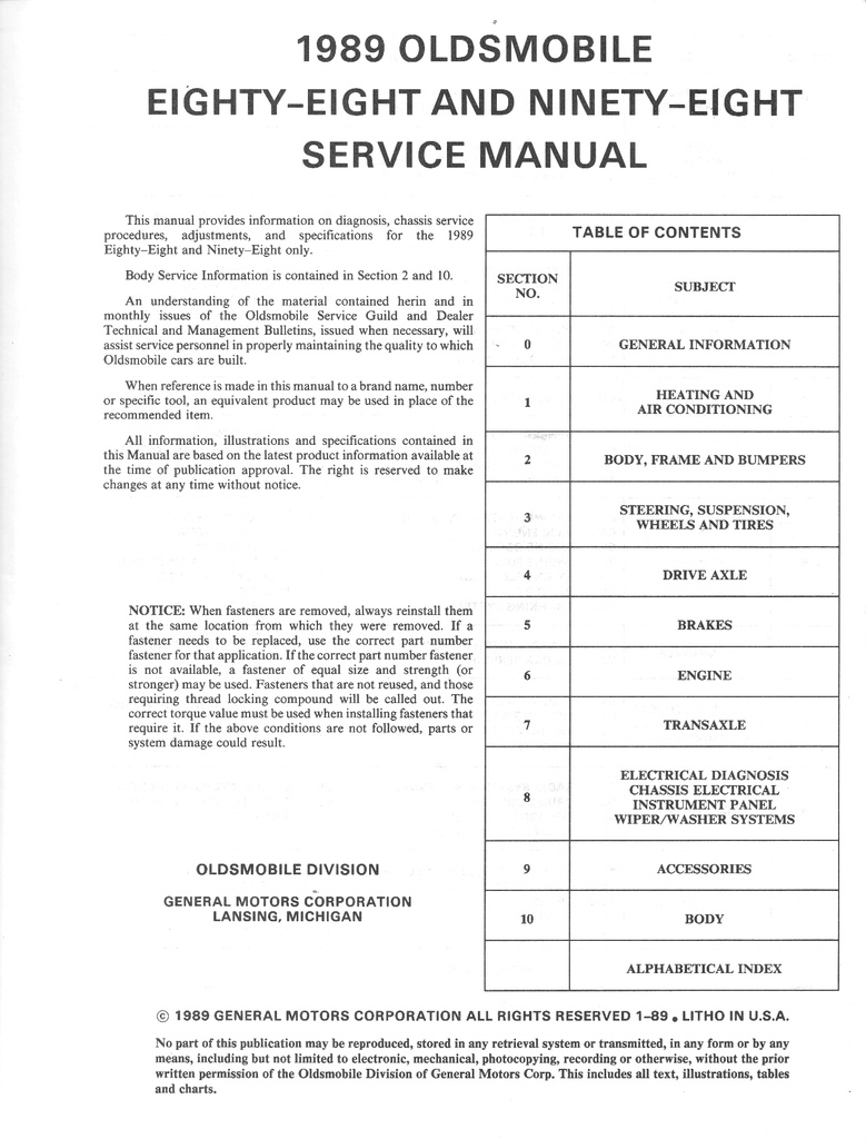 1989 Oldsmobile 88 Royale & Ninety-Eight Regency OEM Shop Service Repair Chassis Manual