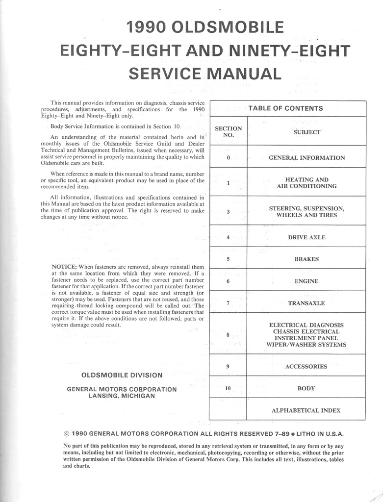 1990 Oldsmobile 88 Royale & Ninety-Eight Regency OEM Shop Service Repair Chassis Manual