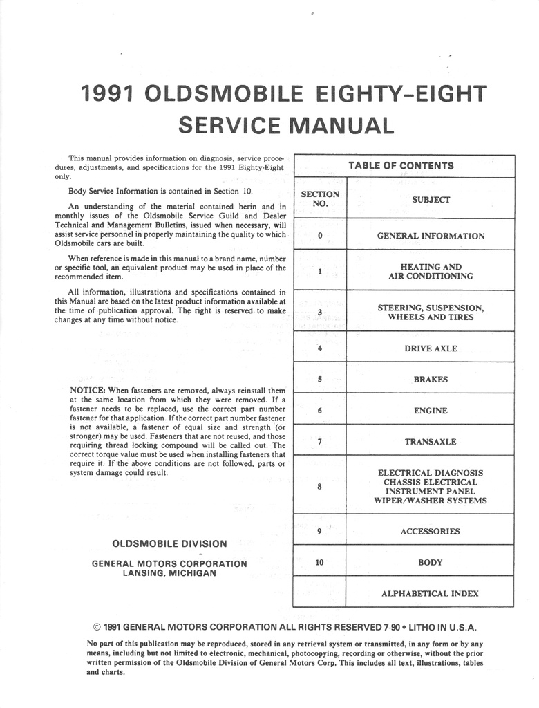 1991 Oldsmobile Eighty-Eight Royale (88) OEM Shop Service Repair Chassis Manual