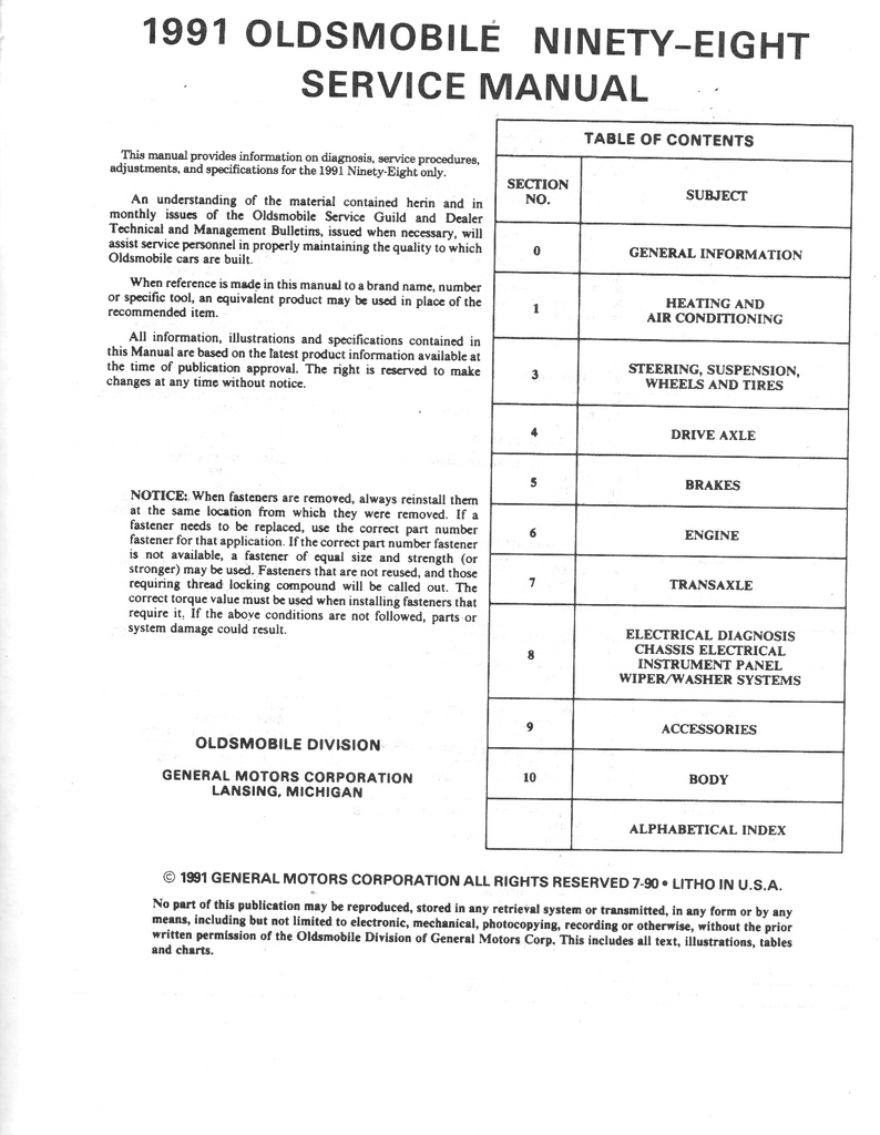 1991 Oldsmobile Ninety-Eight Regency Elite/Touring (98) OEM Shop Service Repair Chassis Manual