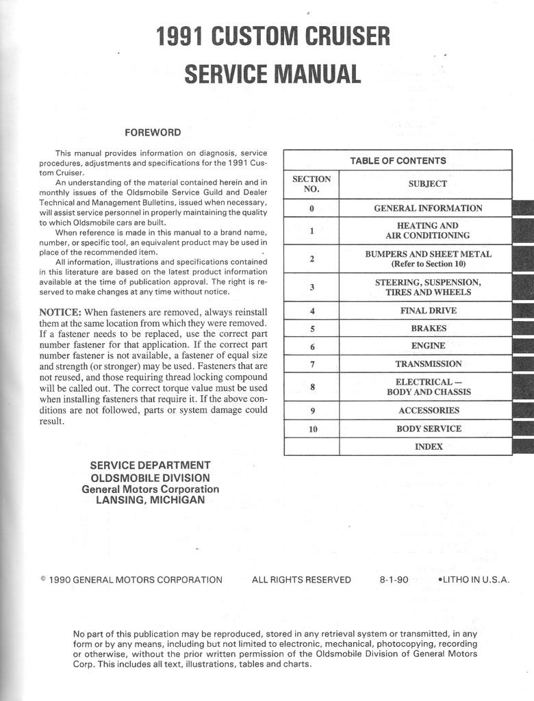 1991 Oldsmobile Custom Cruiser OEM Shop Service Repair Chassis Manual