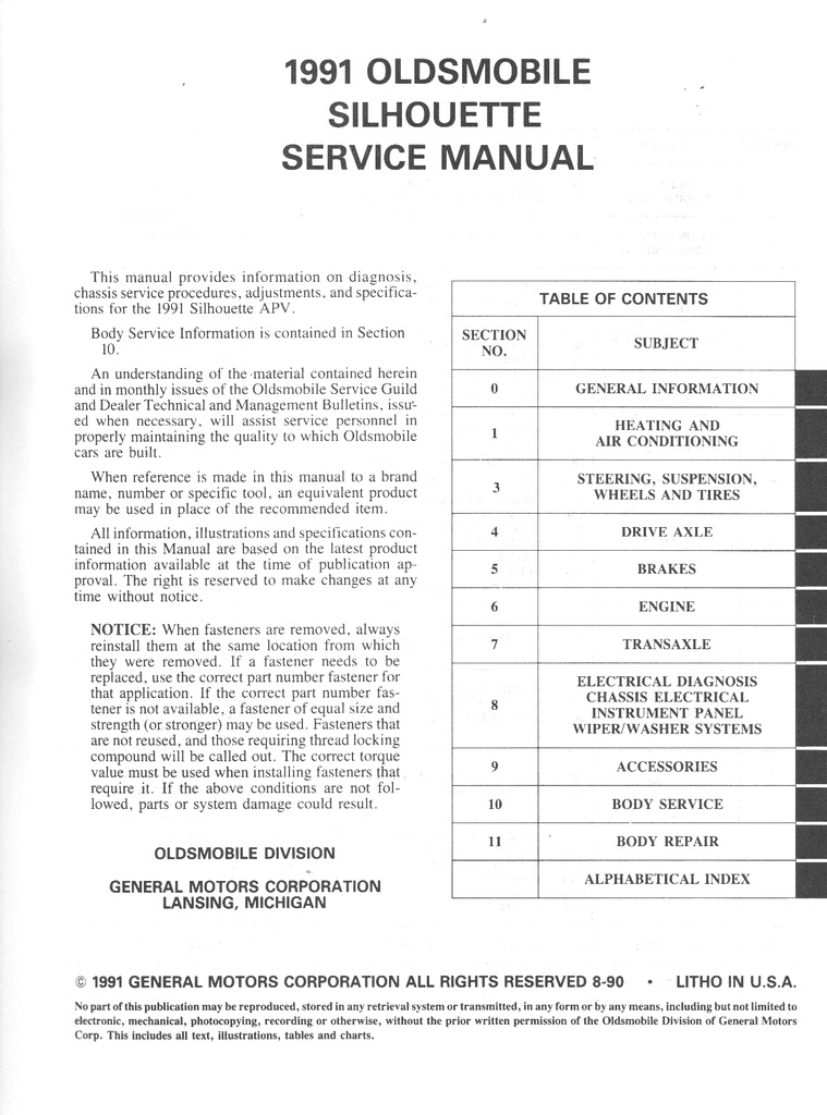 1991 Oldsmobile Silhouette OEM Shop Service Repair Maintenance Manual