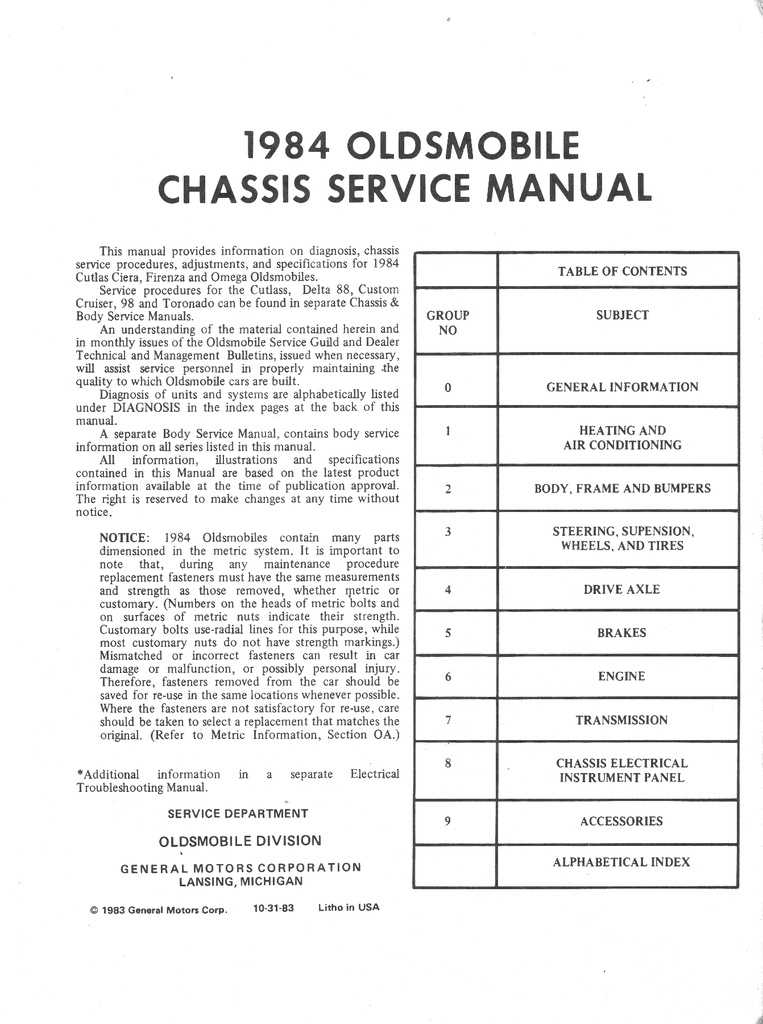 1984 Oldsmobile Firenza Omega Cutlass Ciera Cutlass Cruiser OEM Shop Service Repair Chassis Manual