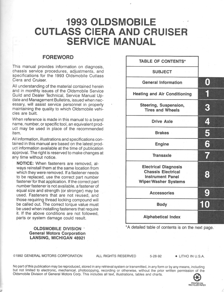 1993 Oldsmobile Cutlass Ciera Cutlass Cruiser OEM Shop Service Repair Chassis Manual