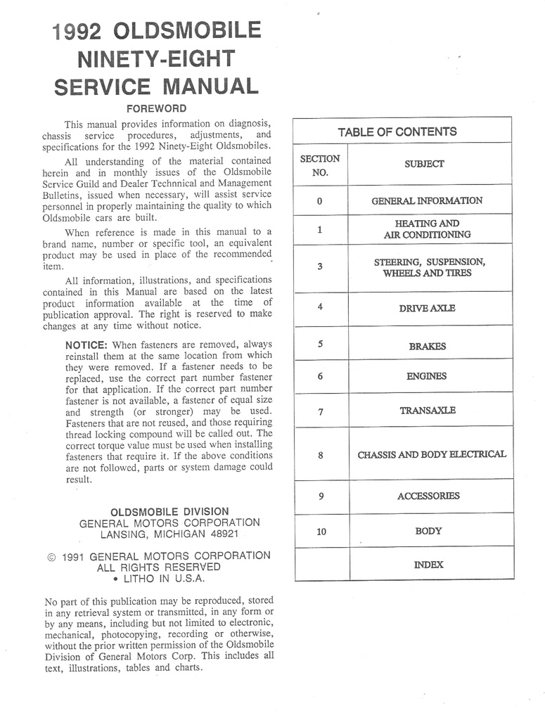 1992 Oldsmobile Ninety-Eight (98) OEM Shop Service Repair Chassis Manual