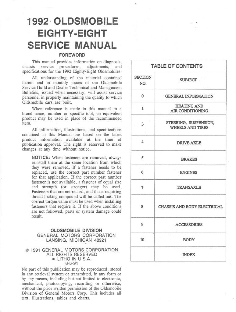 1992 Oldsmobile Eighty-Eight (88) OEM Shop Service Repair Chassis Manual