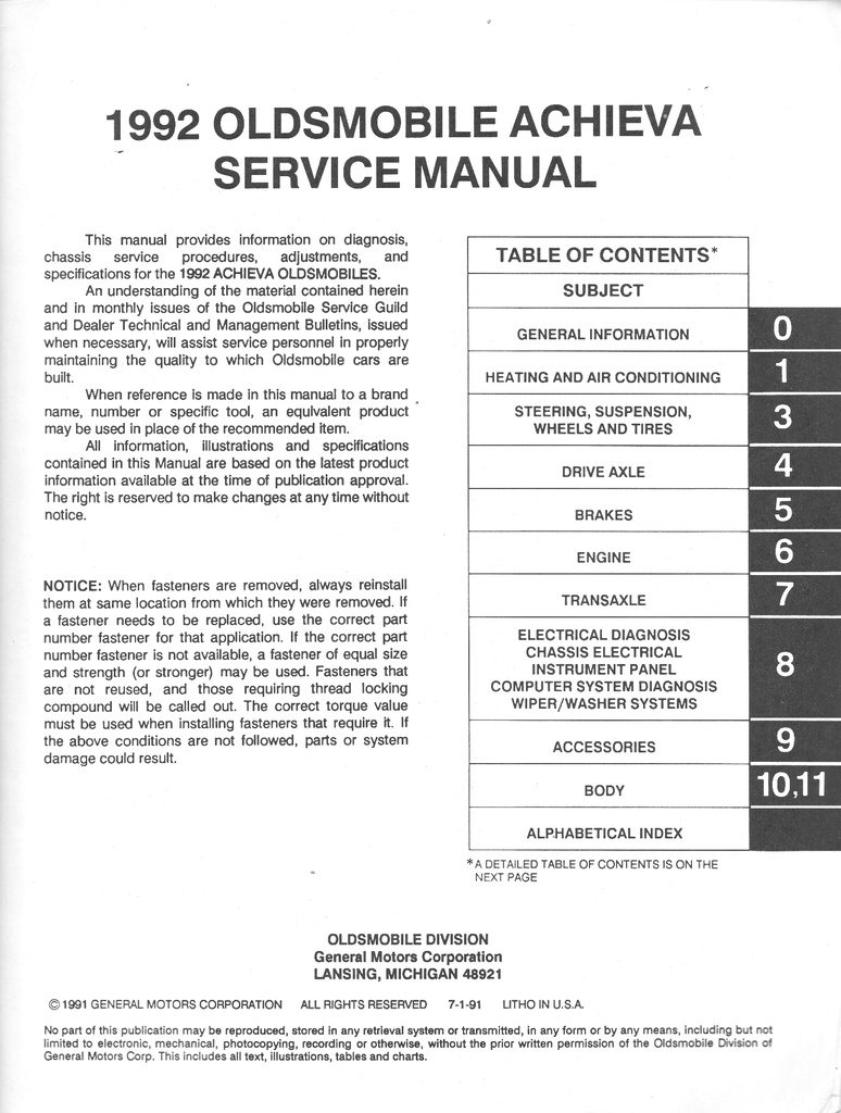 1992 Oldsmobile Achieva OEM Shop Service Repair Maintenance Manual