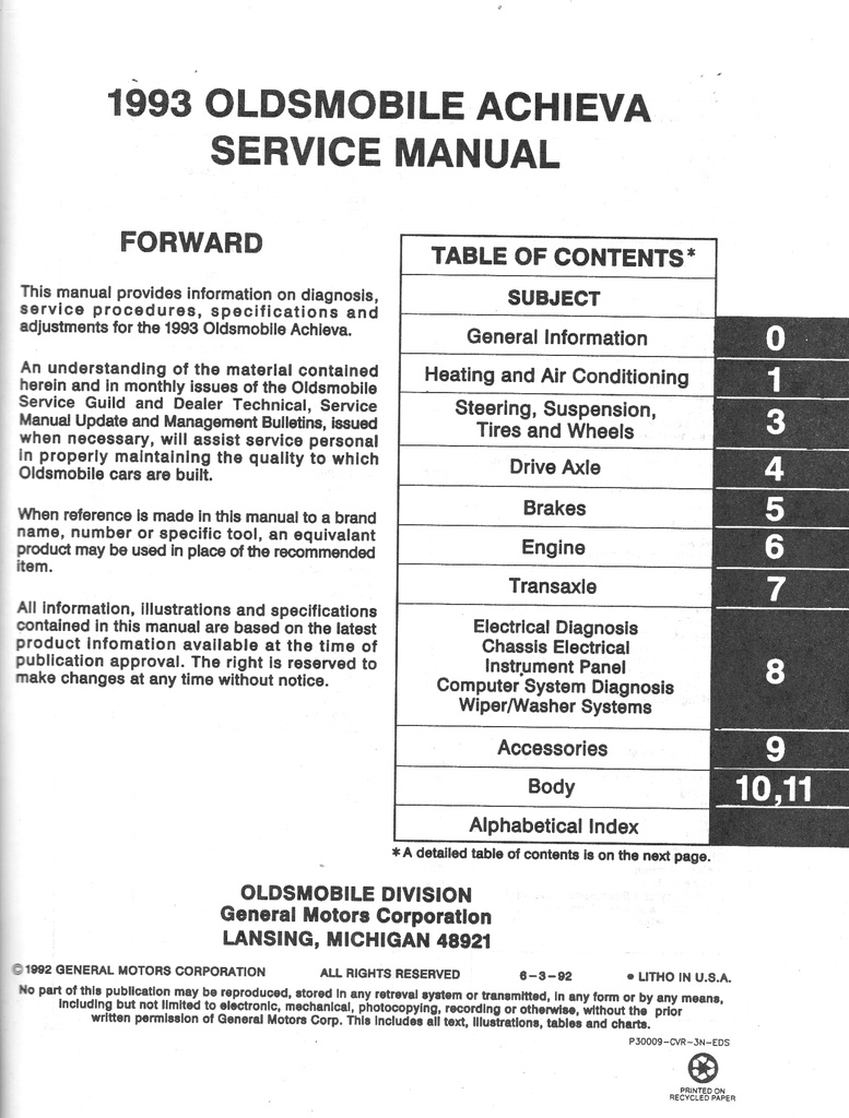 1993 Oldsmobile Achieva OEM Shop Service Repair Maintenance Manual